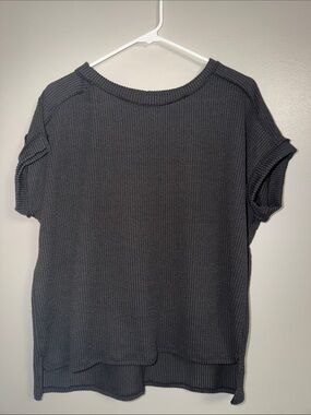 Waffle Knit Short Sleeve Top - Charcoal